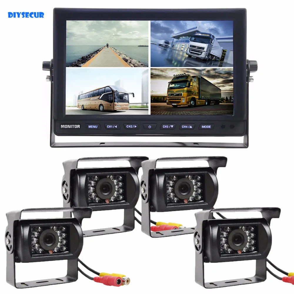 

DIYSECUR 10 Inch Split Quad Display Rear View Monitor + 4 x CCD Night Vision Camera for Car Truck Bus Video Surveillance System