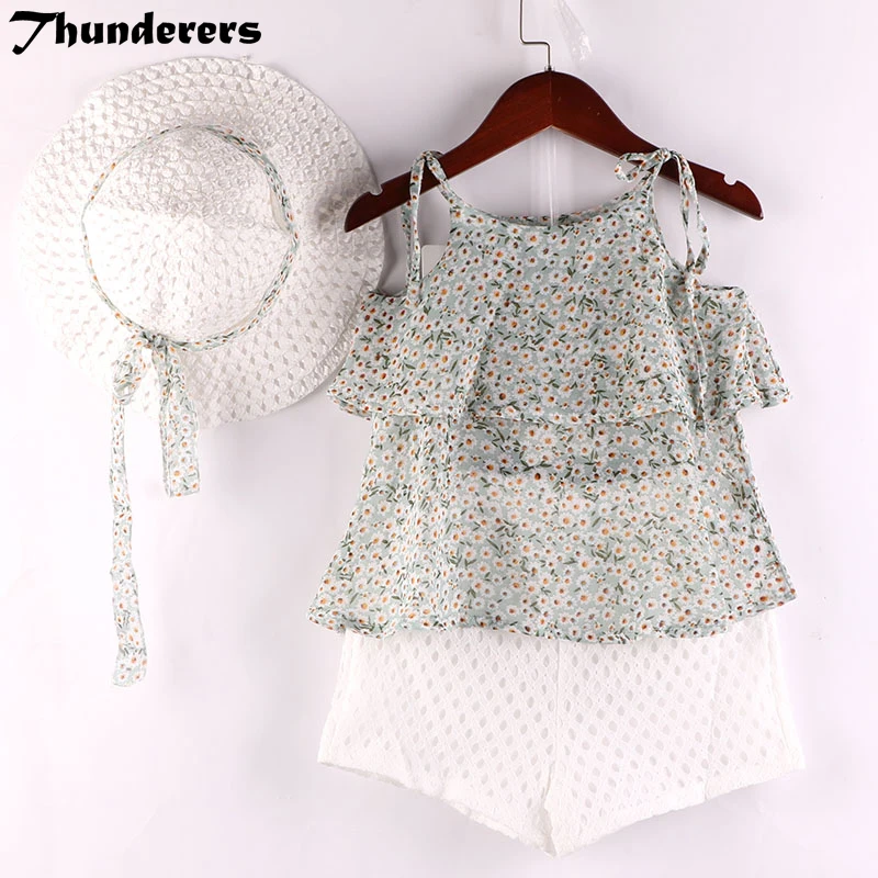 

Girl clothes suit sling floral shirt + white ball pants + hat summer 3 piece set baby girl beach set for children clothes