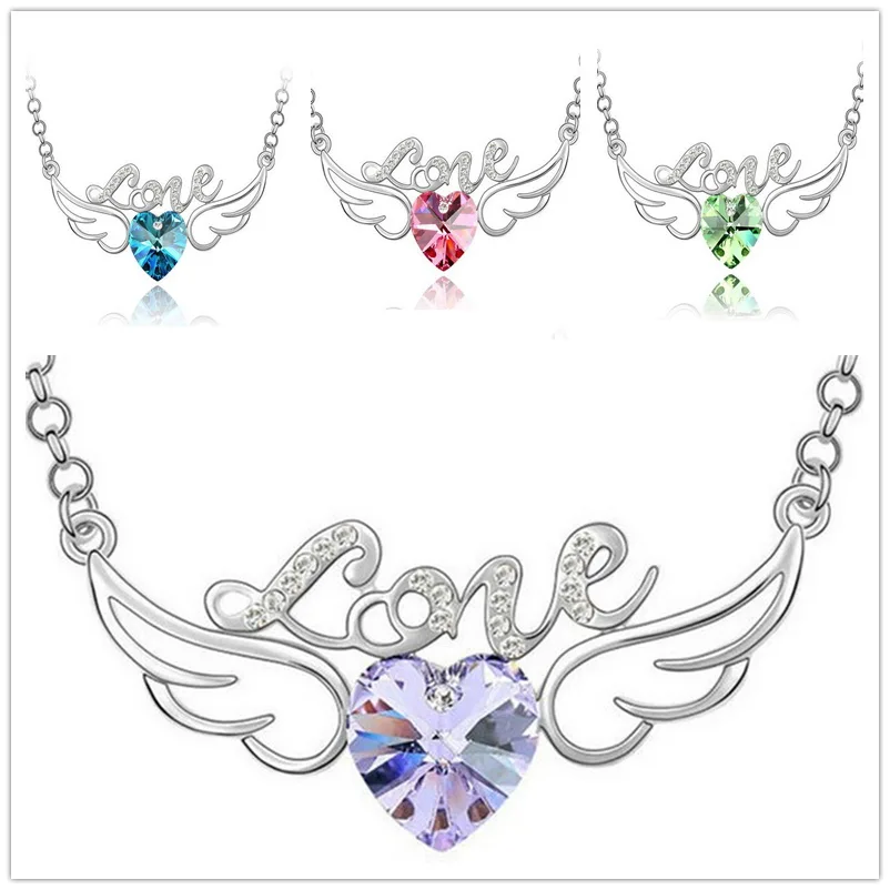 

Korean Style 5 Colors For Selection women zircon crystal necklace peach heart necklace love Angel Wings necklace