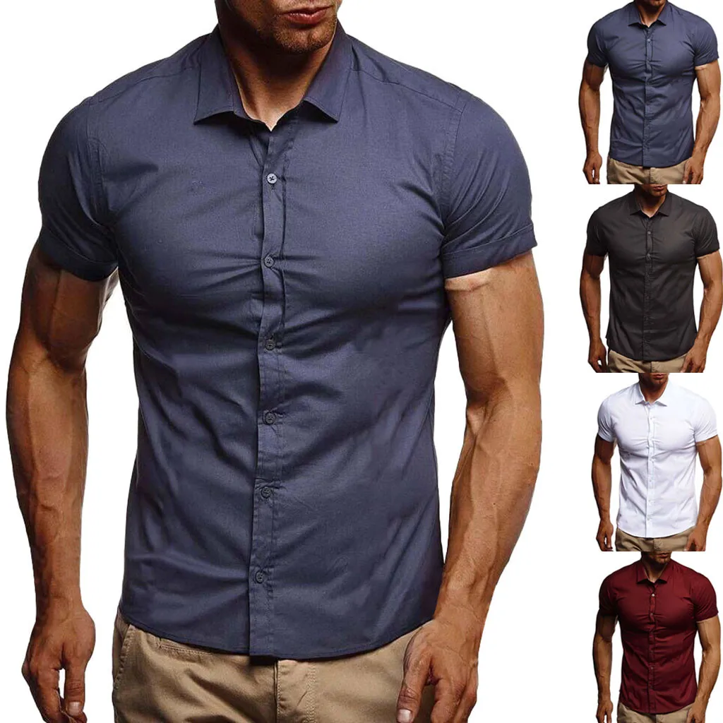 Приталенная Мужская рубашка, рубашка с коротким рукавом, мужская мода, camisa masculina, однотонные рубашки, рубашка в Корейском стиле, мужские рубашки