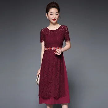 

Plus Size Dress M-4XL 2019 Summer Women's New Lace Embroidered Fake Two Piece Round Neck Short Sleeved Slim Split Dress Elegant