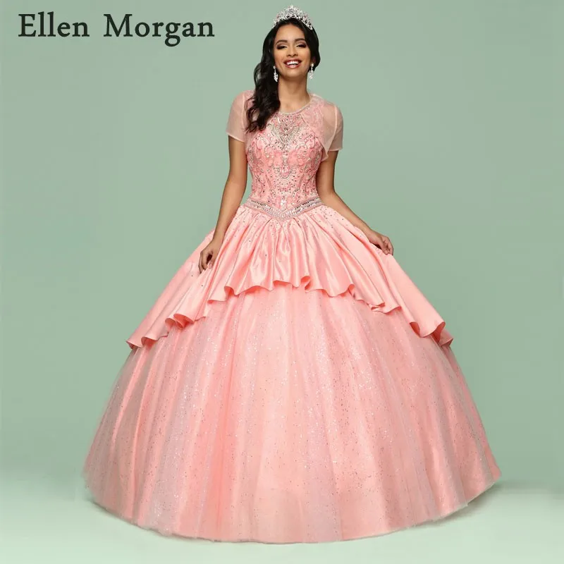 Элегантные розовые атласные платья Quinceanera с курткой для девочек 2019 Красивые