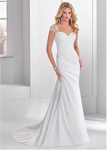Elegant Sweetheart White Ruched Wedding Dress Cap Sleeve Court