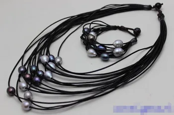 

Free shipping 653 black & gray freshwater pearl black leather set 19-23" Alloy"Handmade"