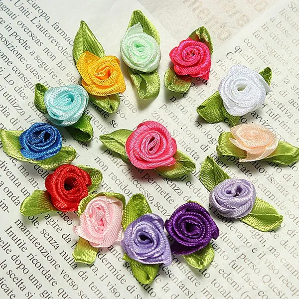 

10 Pcs Hot Sale Home Decoration Ribbon Rose Wedding DIY Flower Satin Party Decor Bow Appliques Sewing Leaves