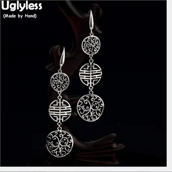 

Uglyless 100% Real Solid 925 Sterling Silver Medals Earrings for Women Handmade Longevity Earrings Thai Silver Hollow Fine Jewel