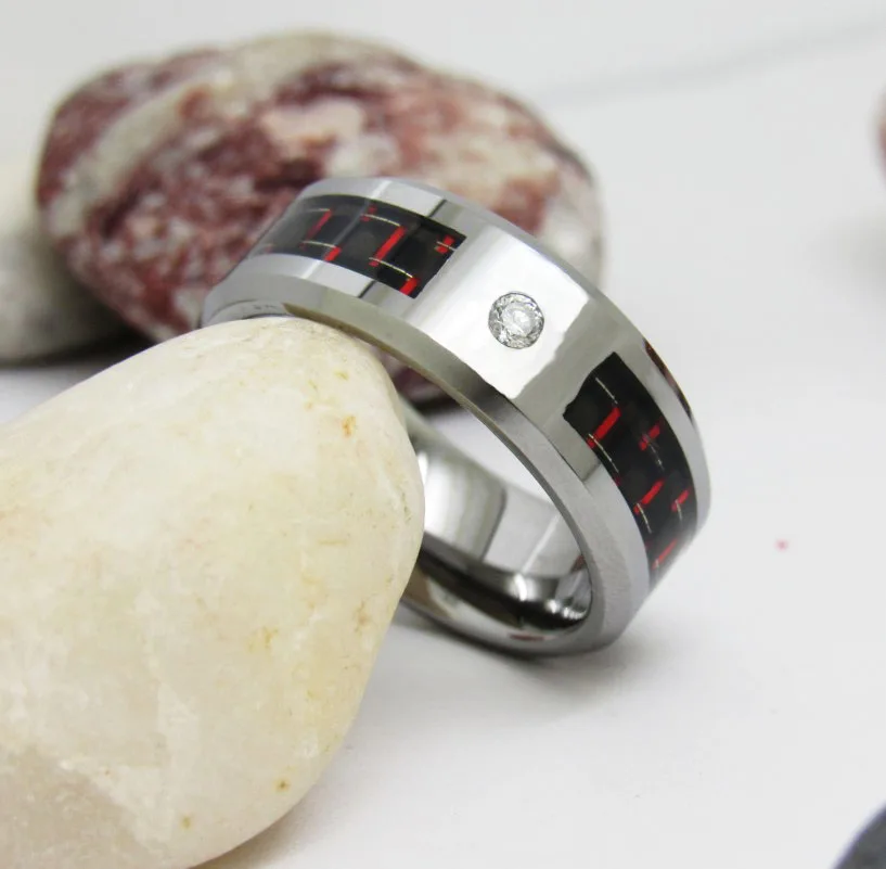 Кольцо из карбида вольфрама с черным и красное углеродное волокно и CZ инкрустация модное обручальное кольцо