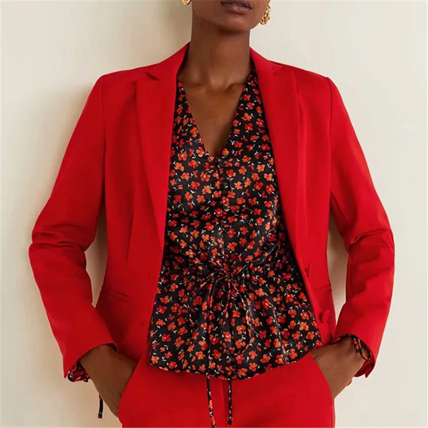 

Women fashion solid red blazer long sleeve single breasted pockets decorate elegant female office wear basic tops blusas