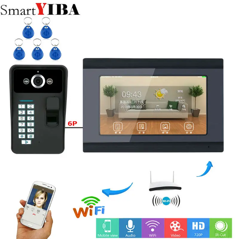 SmartYIBA 7inch Wired/Wireless Wifi Fingerprint RFID Password Video Door Phone Doorbell Intercom Entry System Support Remote APP
