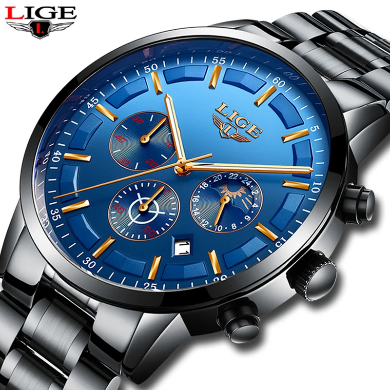 LIGE Men's Waterproof Quartz Watch Full steel Men Watches Dress Business Fashion Casual Sport Moon Phase Black Blue Male Clock