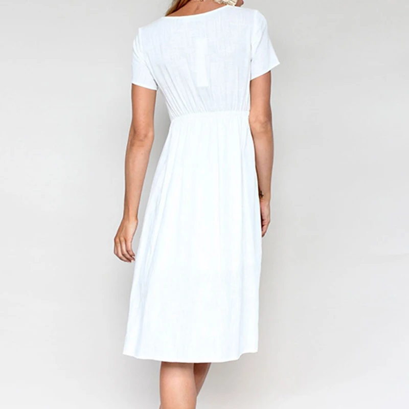 Women's Sexy Summer Dresses 2019 Boho Short Sleeve Button Solid Midi Dress Sundress With Pockets Lady Beach Party Dress Vestidos