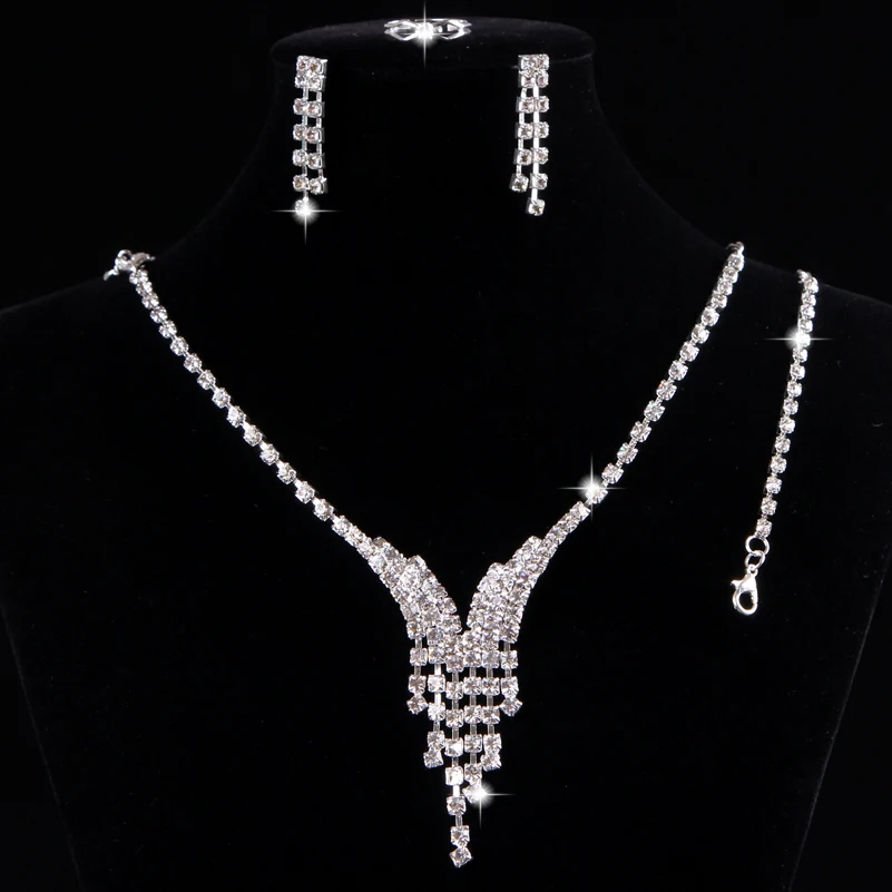 

Promotion 4 pcs/lot Silver Plated Strip Crystal Necklace Earrings Fashion Jewlery Set Wedding Jewelry set Christmas Gift
