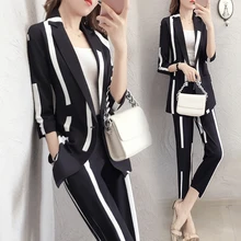 Летний женский приталенный костюм в полоску с рукавами семь точек, Модный женский костюм из двух предметов TB18603