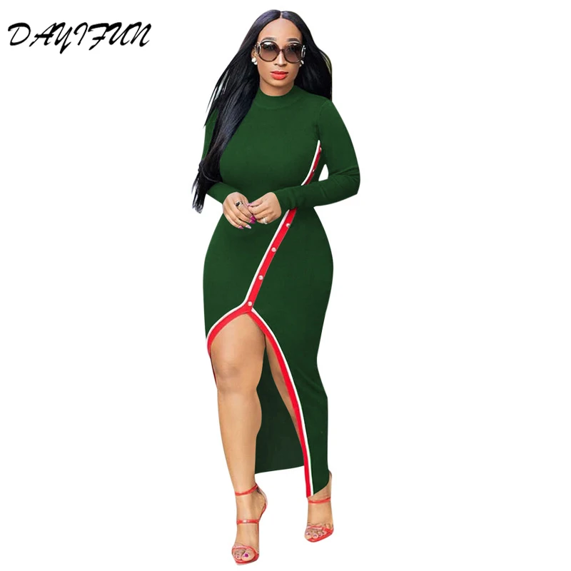 

DAYIFUN 2019 Africa New Pearl Slit Sexy European and American Dress Temperament Commuter Dress P8221