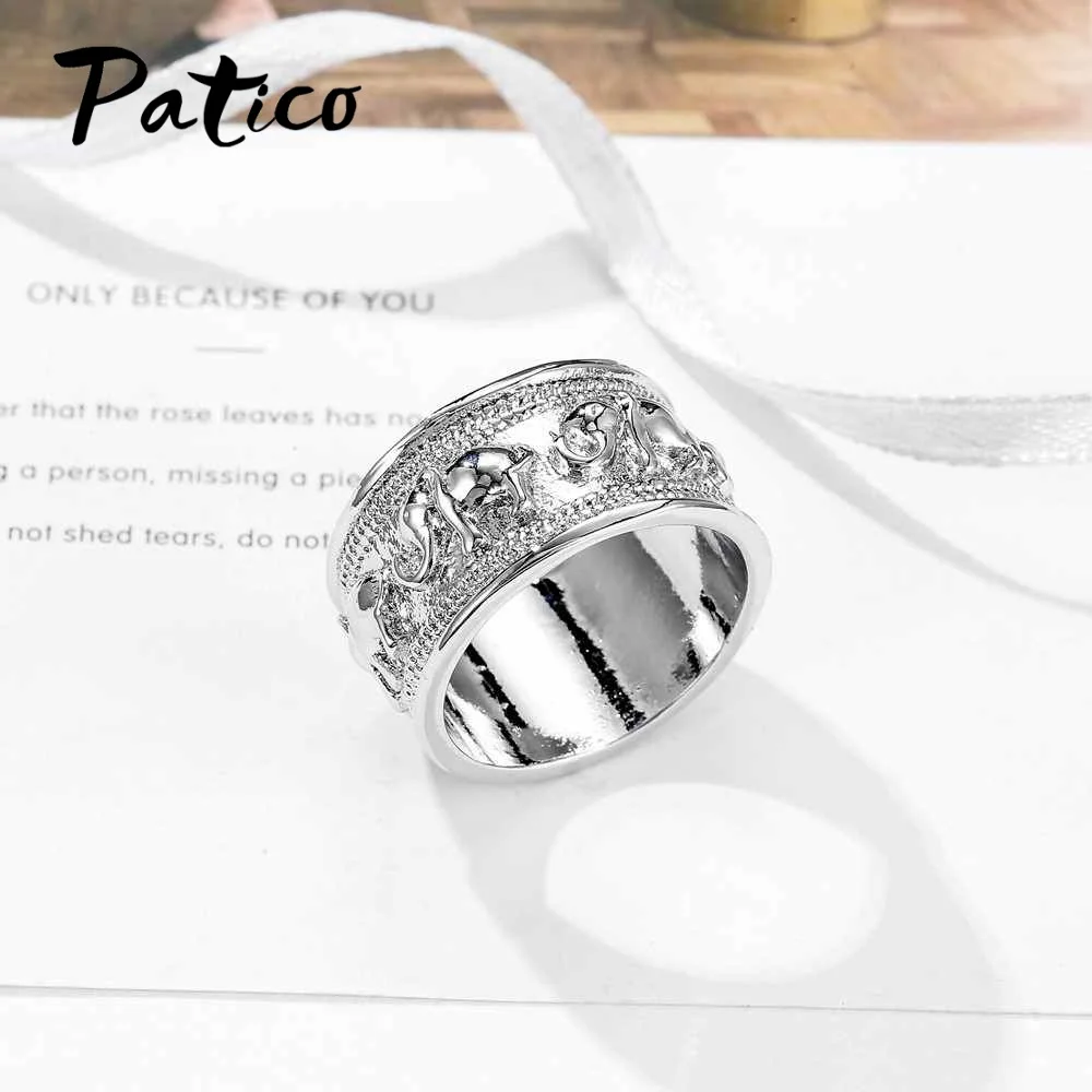PATICO Fashion Animal Elephant Round Finger Rings Wide 925 Sterling Silver Wedding Band Rings For Women Men Lover Party Gifts