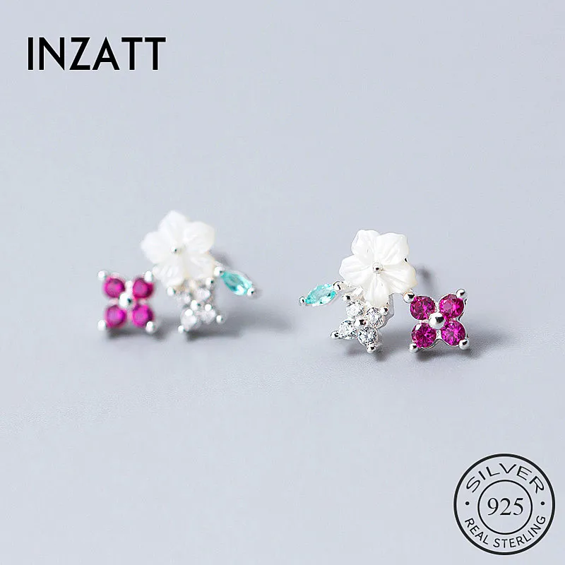 

INZATT Charming Flower Shape Real 925 Sterling Silver Stud Earrings White Purple Crystal Fine Jewelry Accessories For Women Gift
