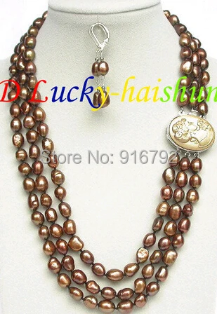 

HYFY2014320*****17-19" 3row 12mm baroque coffee pearls necklace dangle Earrings set