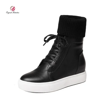 

Original Intention Leather Sock Ankle Boots Women Platform Flat Heels Height Increasing Casual Black Beige Shoes New Botas Mujer