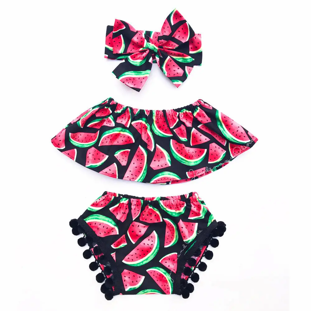 

Watermelon Set Baby Girls Children Clothes Toddler Ruffled Collar Tops +Pants Bloomer+Headband 3pcs Kids Clothes Outfits Set