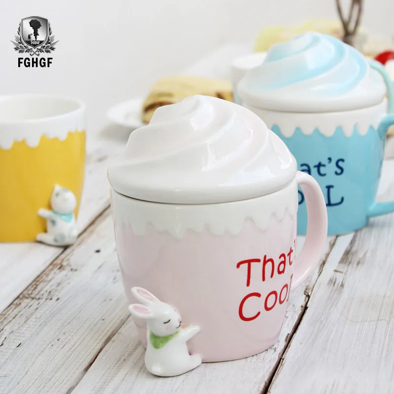 

FGHGF Cute Porcelain Cup With Ice Cream Shape Cover Lid Coffee Milk Drinking Cup Creative Gift For Student Lovers Wholesale