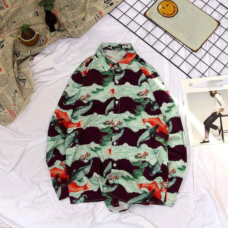 Neploe, винтажная блузка с принтом, новинка, длинный рукав, рубашка с отложным воротником, блузы, корейская мода, рубашки для мужчин и женщин, топы 38125 - Цвет: photo 12