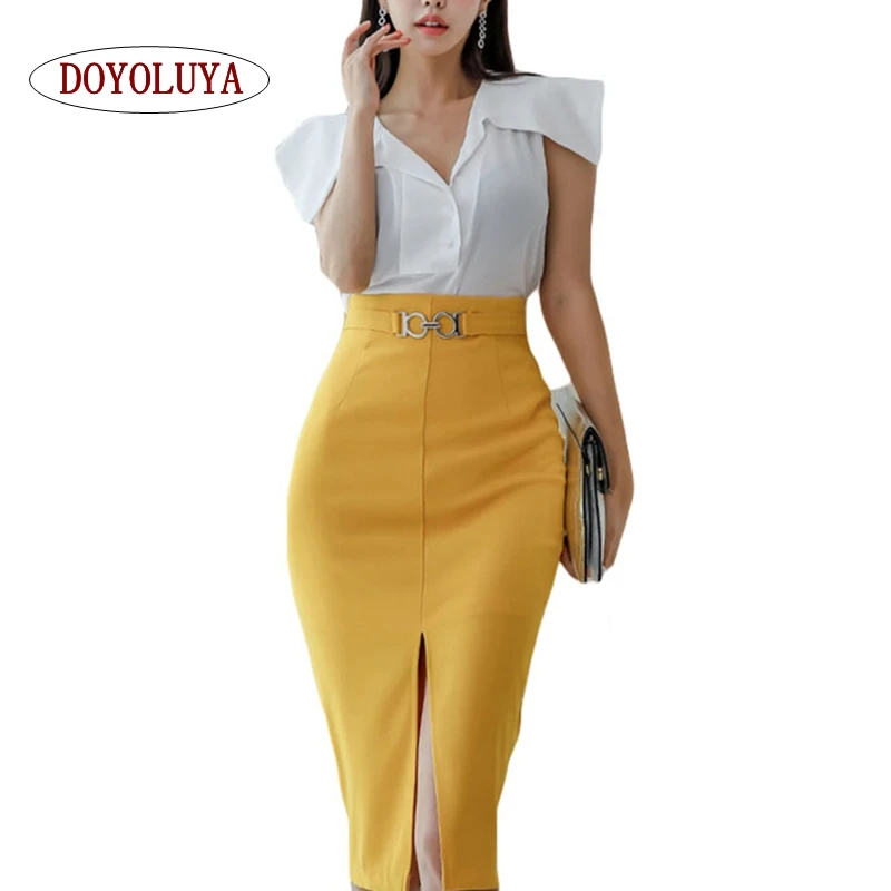 

[DOYOLUYA] Women 2019 Summer Office Lady 2 Pieces Suits OL Work Wear Set Elegant Turn-down Collar Shirts & Split Pencil Skirts