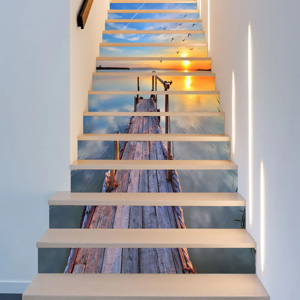 

13 Pcs/Set Creative 3D DIY Stairway Stickers Sunrise Sea View Stairway Wall Sticker Stairs Decoration Wallpaper Floor Sticker