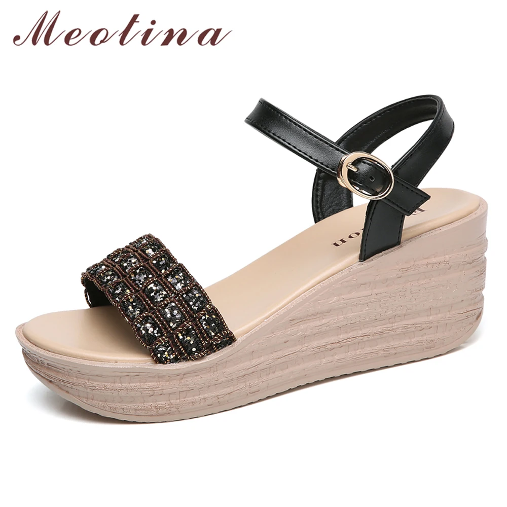 

Meotina Women Sandals Summer Shoes Bling Platform Wedge High Heel Shoes Buckle Open Toe Sandals Ladies Yellow Black Size 35-40