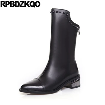

High Heel Fall Shoes Metal Fur Black New Designer Pointed Toe Chunky Stud Rivet Brand Women Winter Boots Genuine Leather Mid