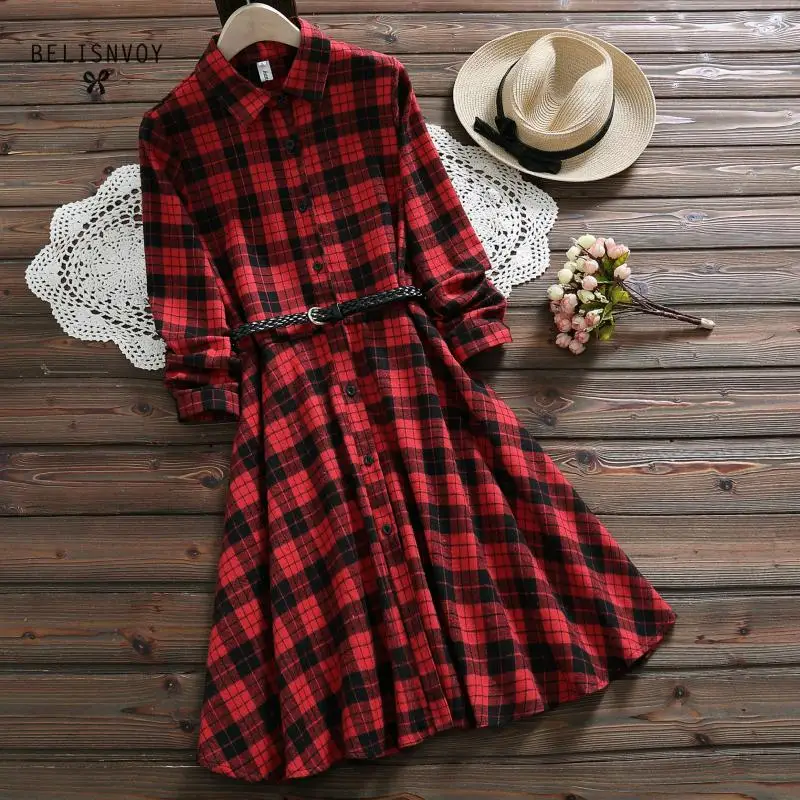 

Spring Autumn Dresses Women Long Sleeve Vintage Plaid Dress Female Turn-down Collar With Sashes A-line Vintage Red Black Dress
