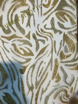 

Gold glued beaded glitter flower French Lace Fabric High Class African Laces Fabric With Embroidery For Sewing
