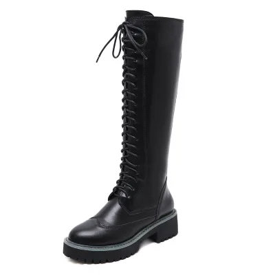 

2018 autumn and winter side zipper high to help women's shoes cross straps new boots low heel thick punk lace high boots