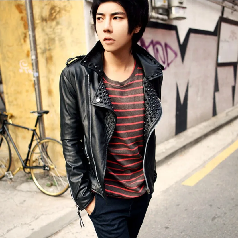 leather coat man Korean Slim leather jacket lapel tide popular white