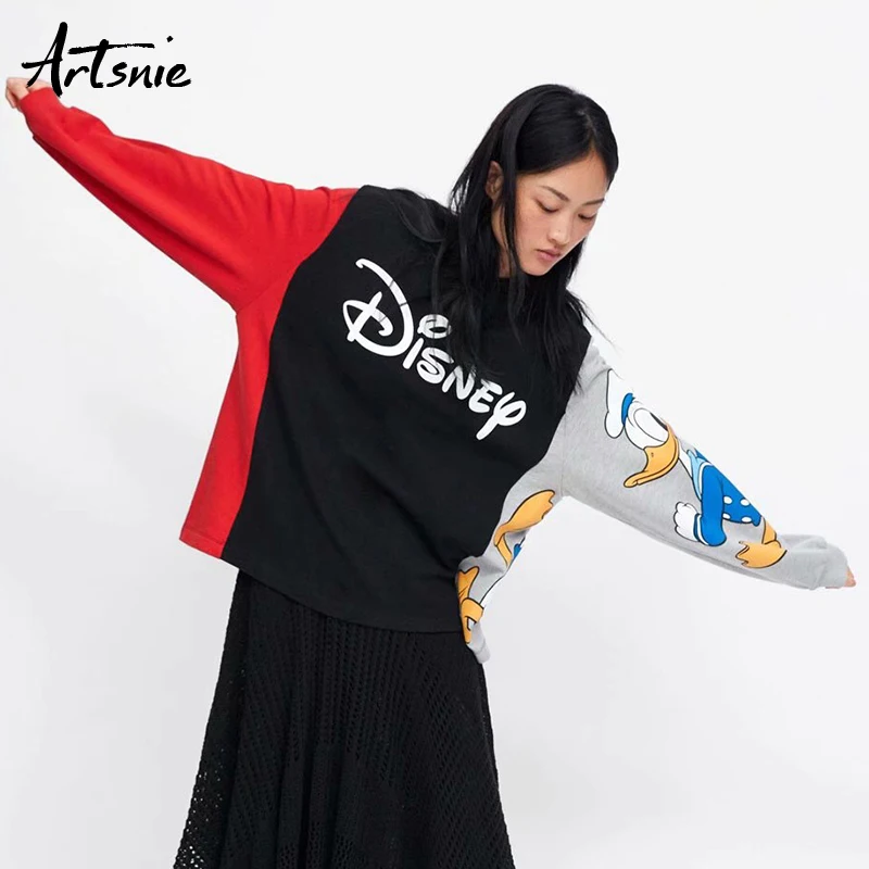 Artsnie الشارع الشهير الكرتون طباعة المرأة البلوز الربيع 2019 المتضخم هوديي يا الرقبة طويلة الأكمام محبوك عارضة بلوزات