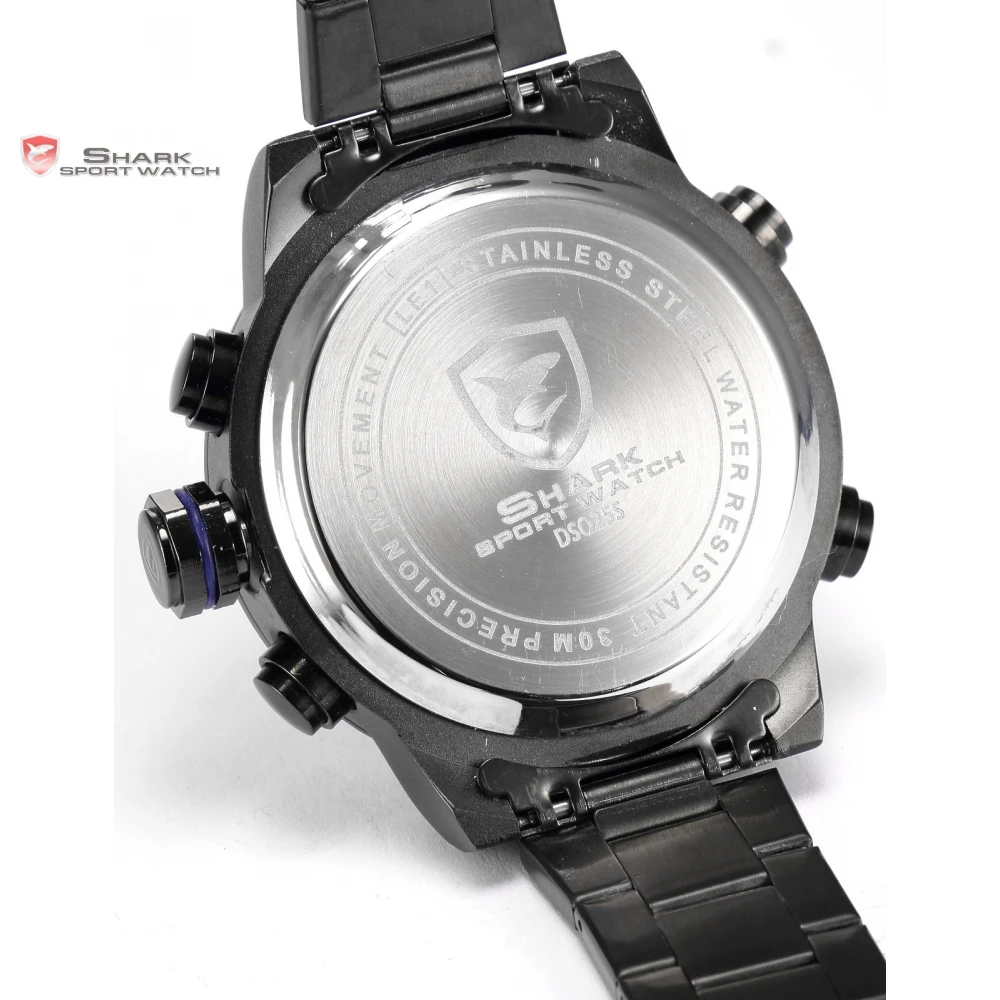 Men's Gulper SHARK Sport Watch Japan Movement Steel Band Blue LED Light Date Alarm Digital Waterproof Quartz Watches Gift /SH362