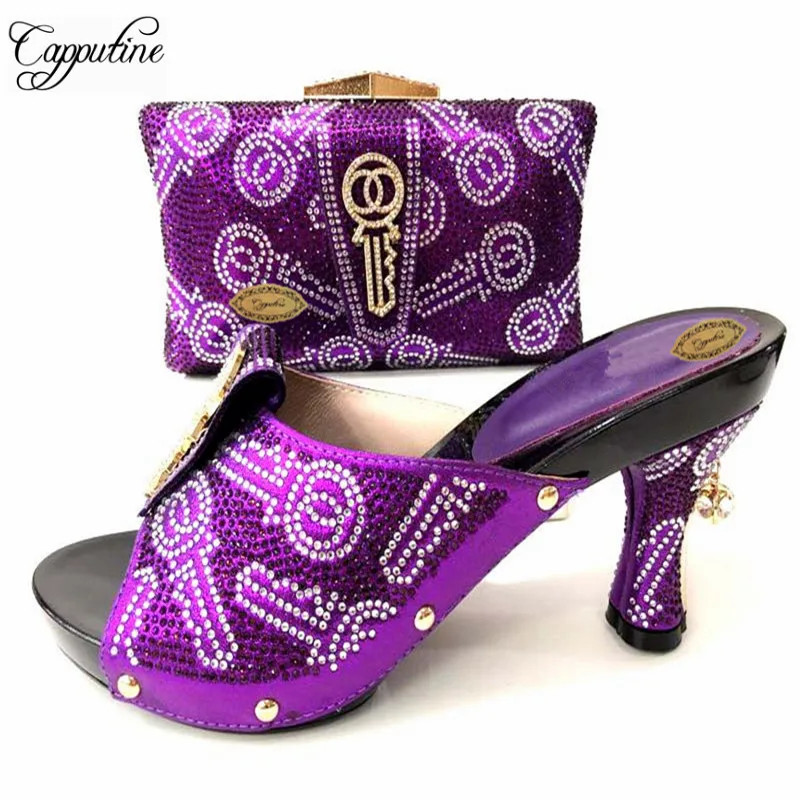 

Capputine Latest Purple Color African Style Woman Shos And Bags New African Wedding Shoes and Bag Set For Wedding Nigerian Shoes