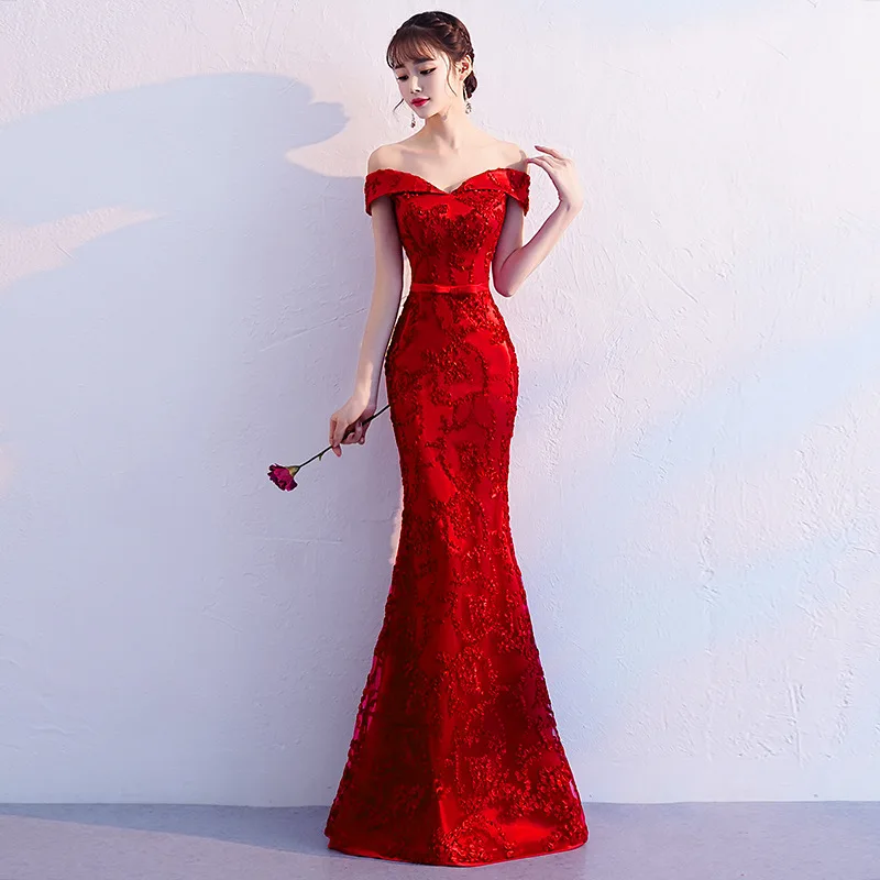 style 1 Сексуальное платье с открытыми плечами, однотонное атласное с юбкой-русалкой женское платье-Ципао платье Vestidos Чино Восточный свадебные вечерние платья больших размеров 3XL - Цвет: style 1