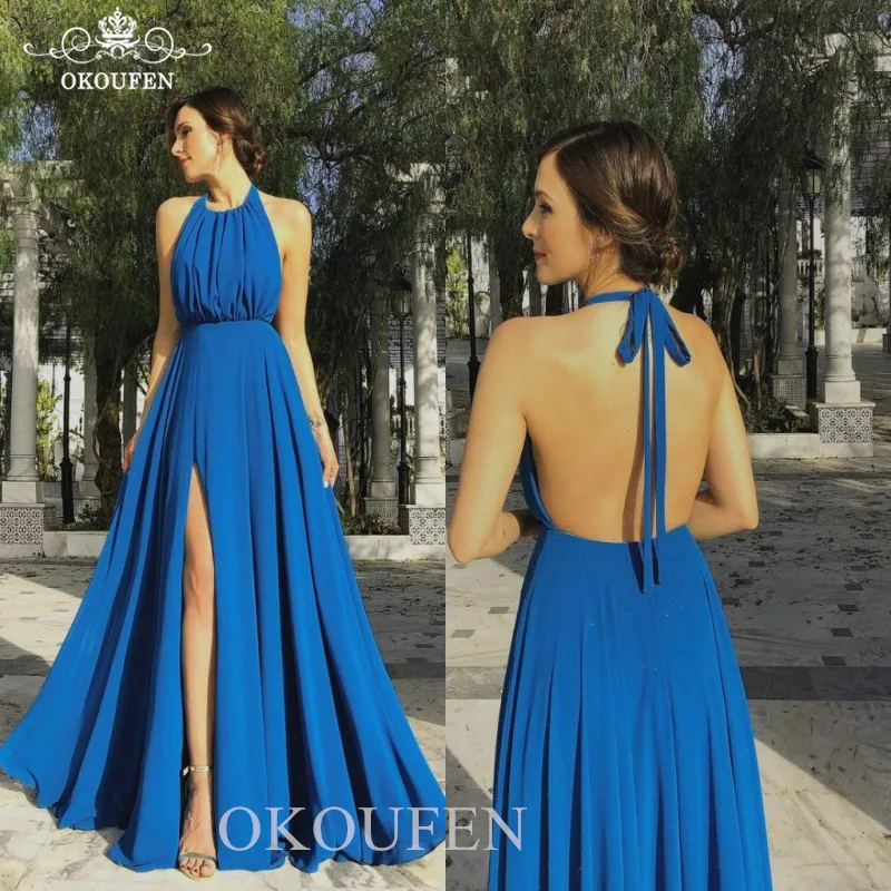 

Flowing Blue Chiffon Long Bridesmaid Dresses Side Split Backless 2019 Halter A Line Cheap Party Dress Formal For Women