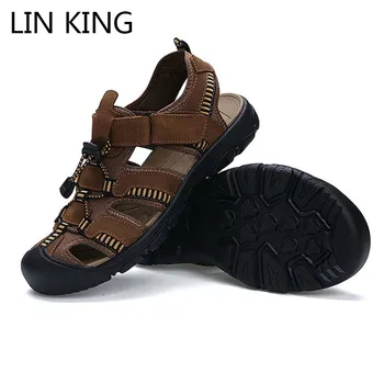 

LIN KING New Classic Genuine Leather Men Sandals Big Size Summer Casual Beach Shoes Comfortable Outdoor Sports Sandals For Male