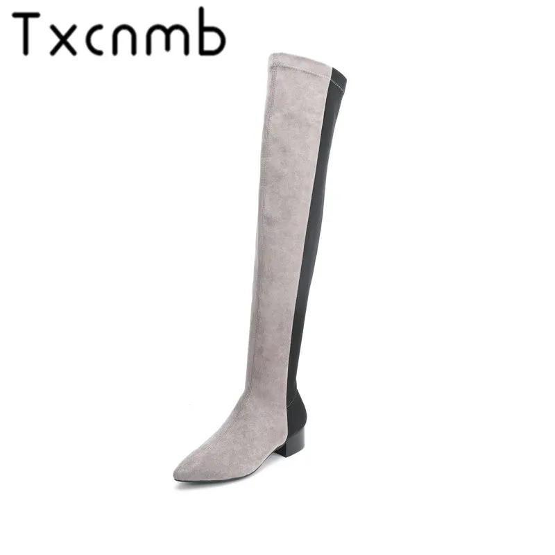 

TXCNMB Over The Knee Boots Female Suede Leather Heels Black Thigh High Boots Round Toe 2019 Autumn Winter Botas Women Shoes