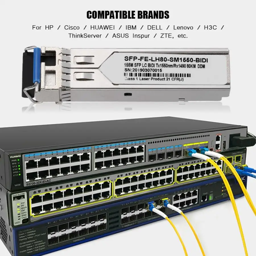 SFP-FE-LH80-SM1550-BIDI 80 км 100 Мб одномодовый волоконный приемопередатчик Оптический модуль