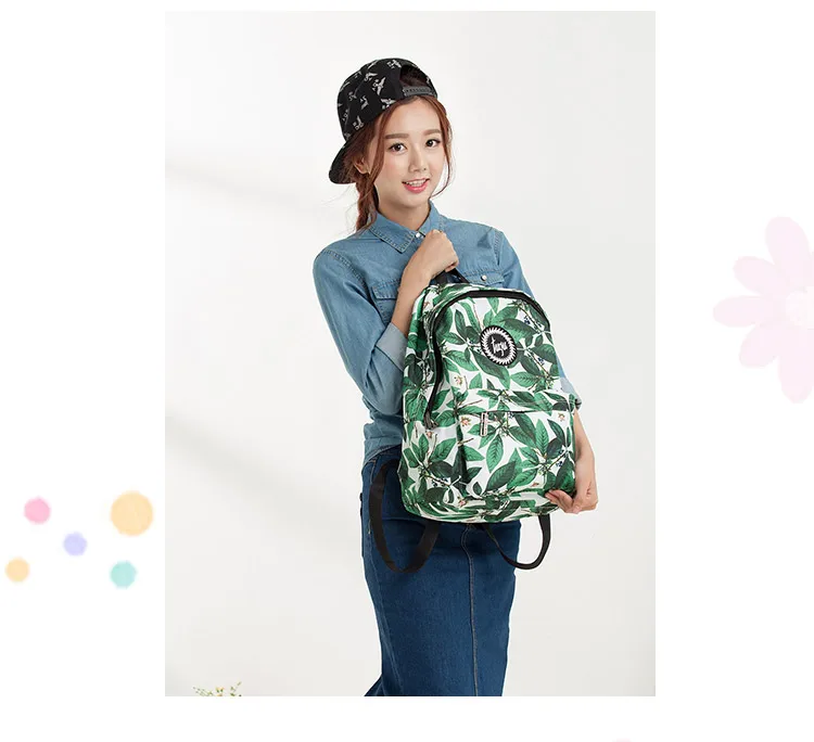 New Preppy Style Women Leaf Flower Print Backpack Fashion Green Portbale Oxford Bagpack School Girls