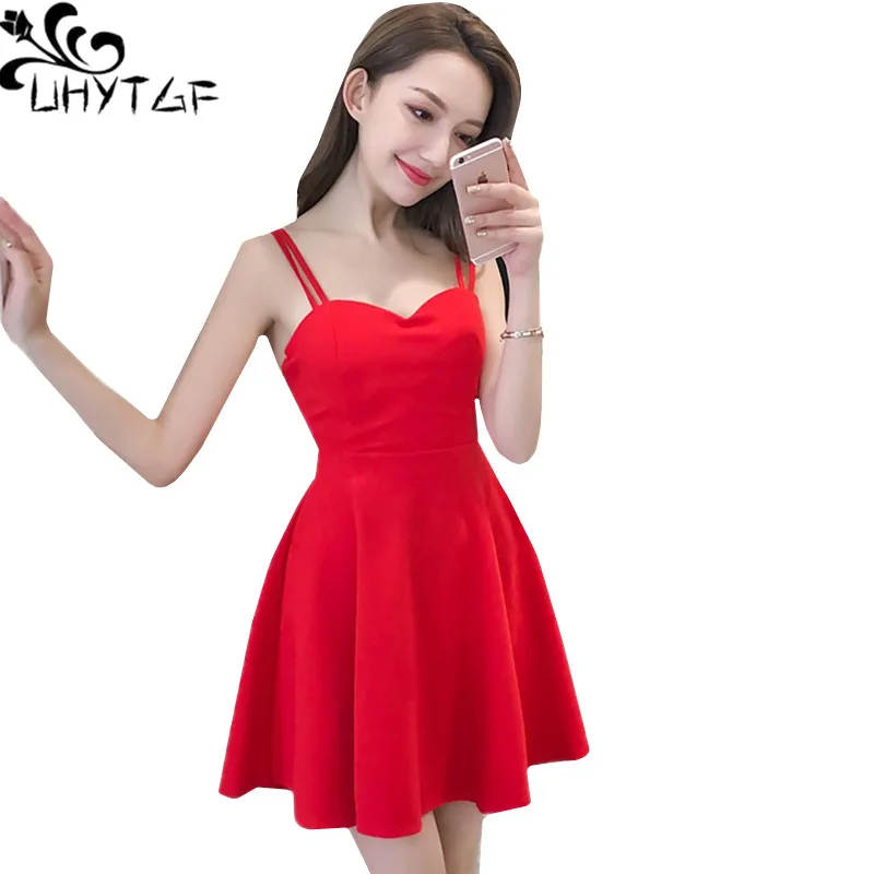 

UHYTGF Elegant Girl Summer dresses New Sling Halter Sexy Womens Party Dress Slim off shoulder boho Dress Red Black vestidos 1269