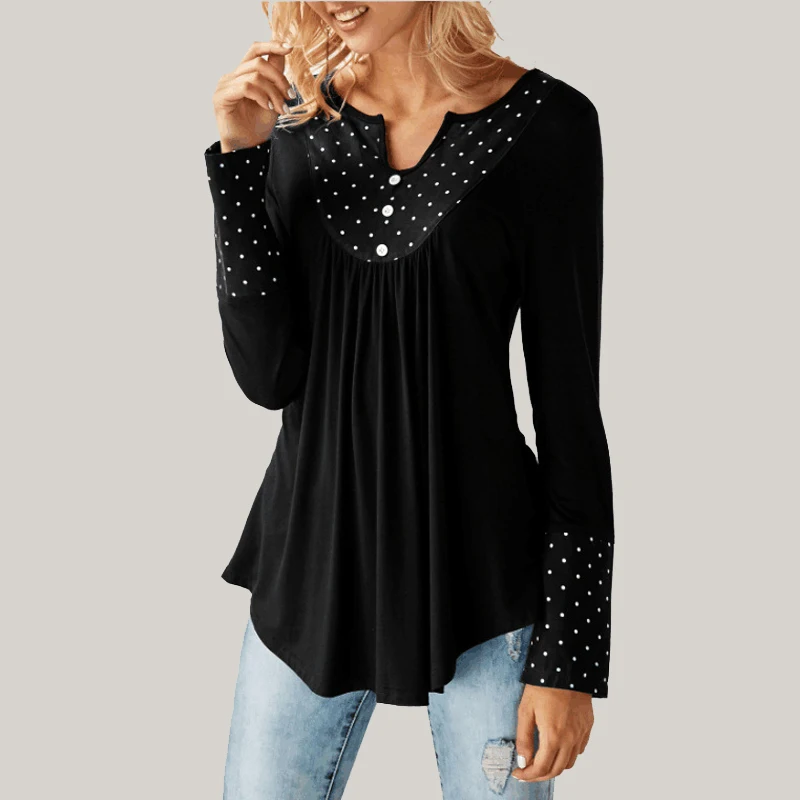 

Women Loose Ruffled Hem Blouse Shirt 2019 Autumn V Neck Button Dots Draped Shirts Long Sleeve Casual Tops Female Blusas Mujer