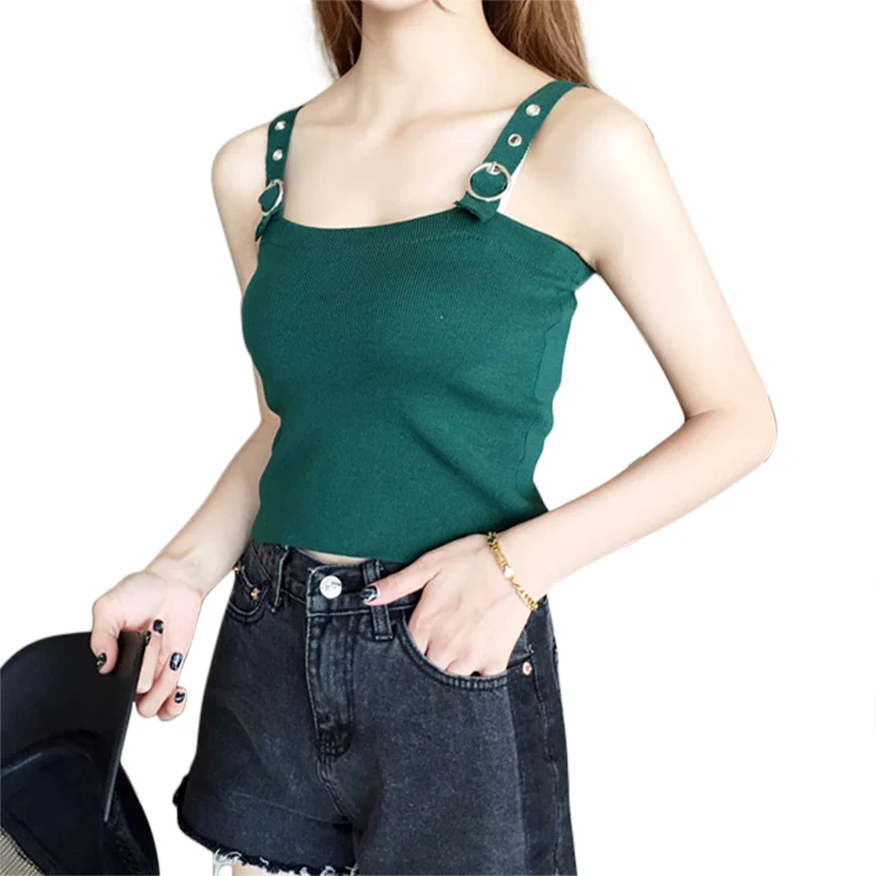 Summer Sexy Women Plain Camisole Solid Knitted Sling Tie wrap Buckle