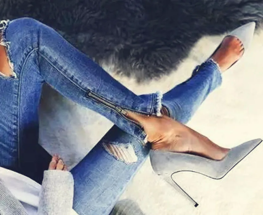 

New arrival thin high heels women pumps pointed toe high heel shoes grey suede luxury women party dress shoes