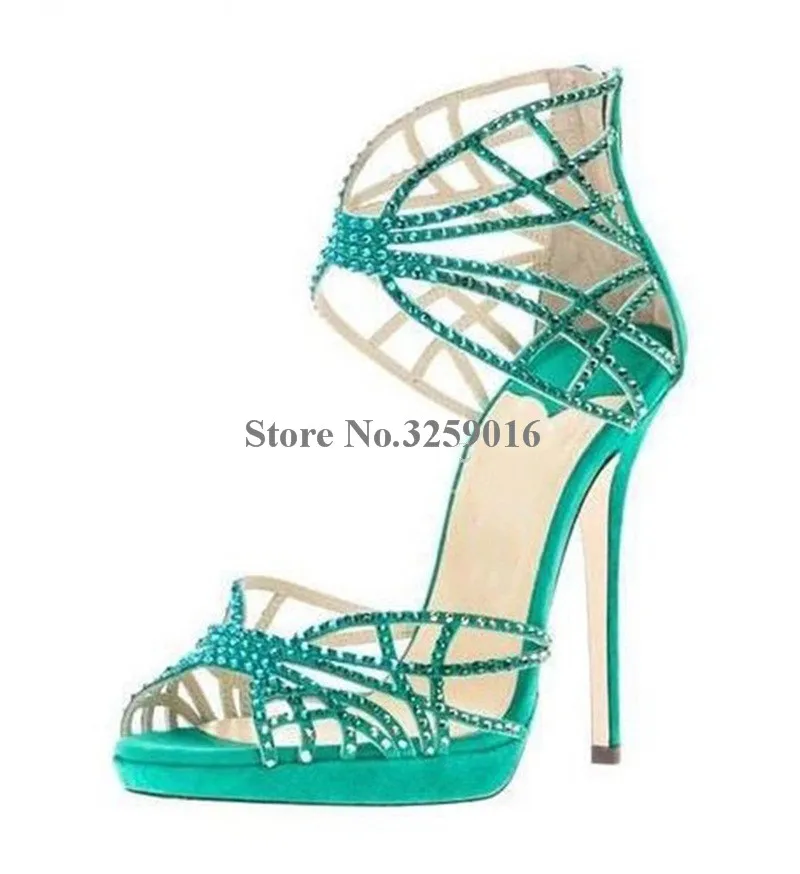 

Women Luxurious Bling Bling Rhinestone Platform Thin Heel Sandals Blue Beige Crystal Back Zipper-up High Heel Sandals Dress Shoe