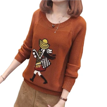 

Spring Autumn Women Sweater Pullover O-neck Hollow Hook Flower Sweater Jumper Women Cartoon Loose Bottom Shirt Women Tops AA119