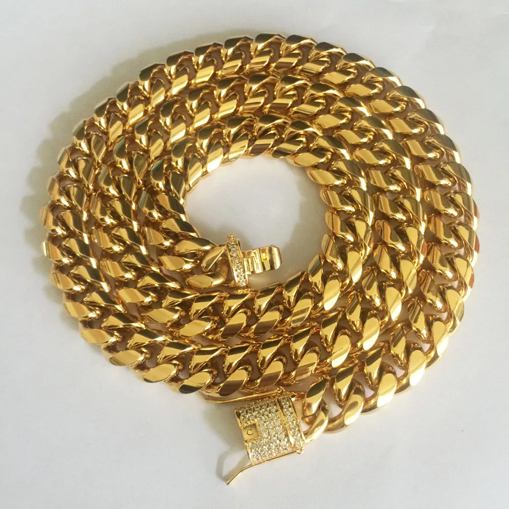 Comprar Hip hop 10 14mm hombres cubanan Miami cadena collar Acero inoxidable strass cierre helado oro plata Cadena de fundición collares