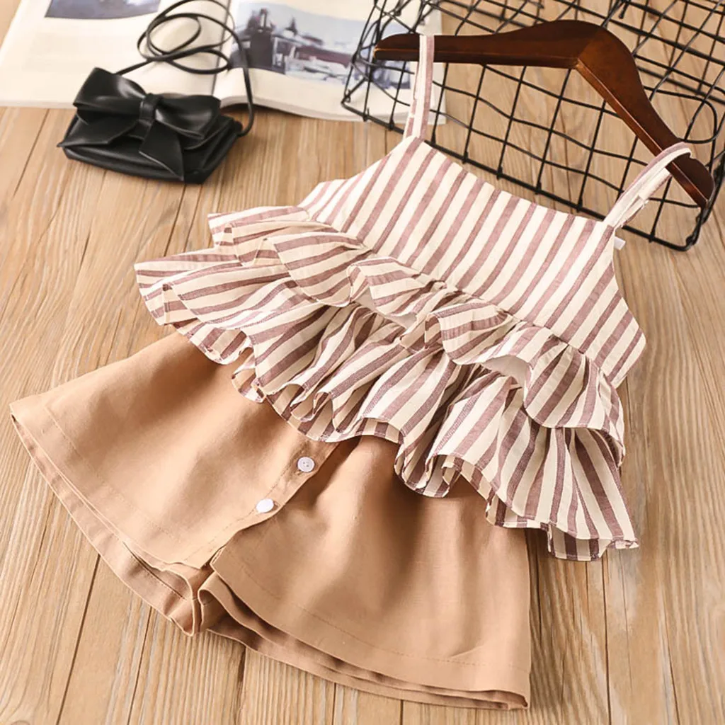 

Kids Clothes Girls Cotton Baby Clothes Girl Sets Summer Two pieces Stripe Ruffles Vest T-Shirt Shorts Toddler Outfits 2-7Y L0603